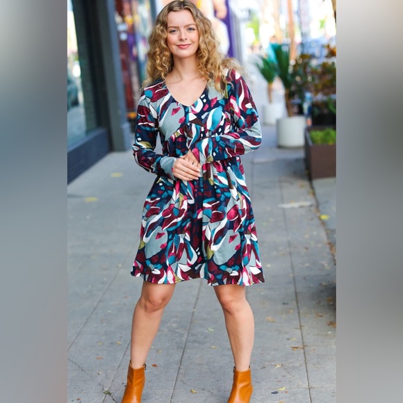 Bedazzle In Navy & Plum Abstract Print Side Pocket Dress - Picture 10 of 16